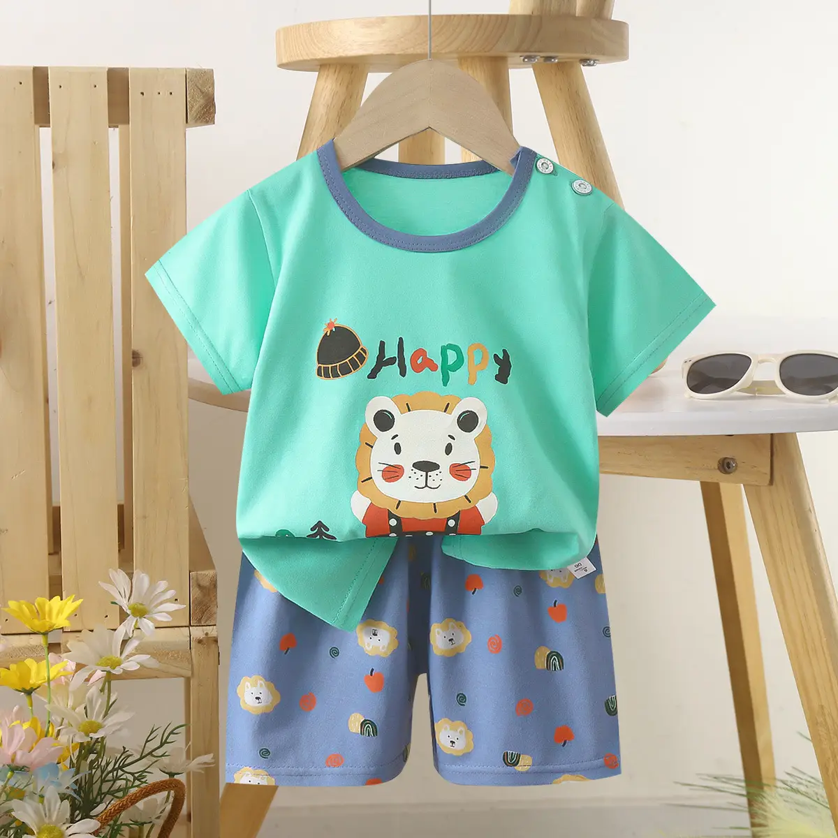 Children's Blue Yellow Cartoon Short Sleeve T-Shirt Suit - Image 30