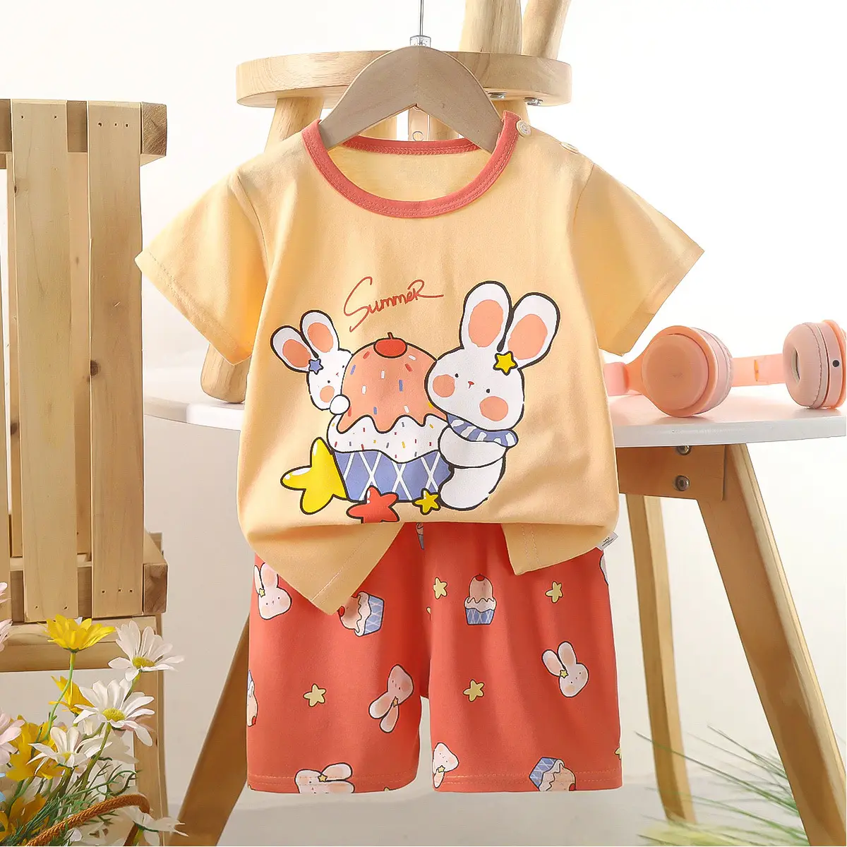 Children's Blue Yellow Cartoon Short Sleeve T-Shirt Suit - Image 31