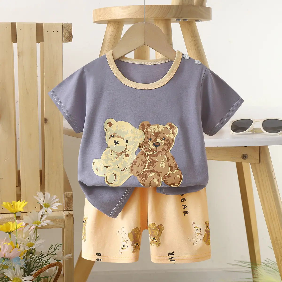 Children's Blue Yellow Cartoon Short Sleeve T-Shirt Suit - Image 32