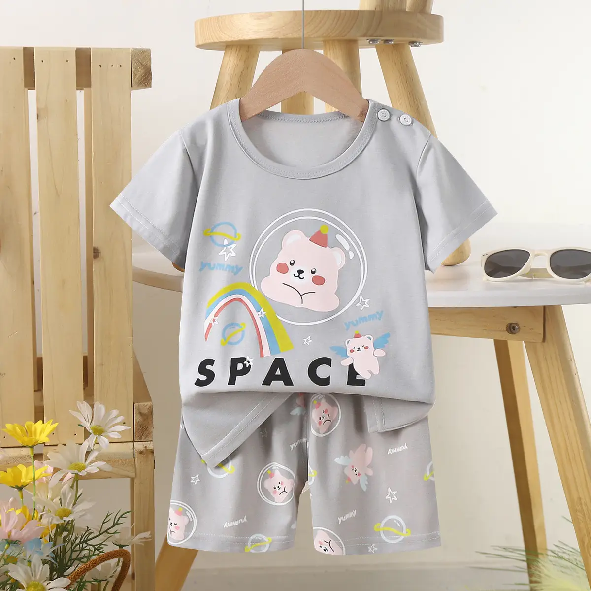 Children's Blue Yellow Cartoon Short Sleeve T-Shirt Suit - Image 33