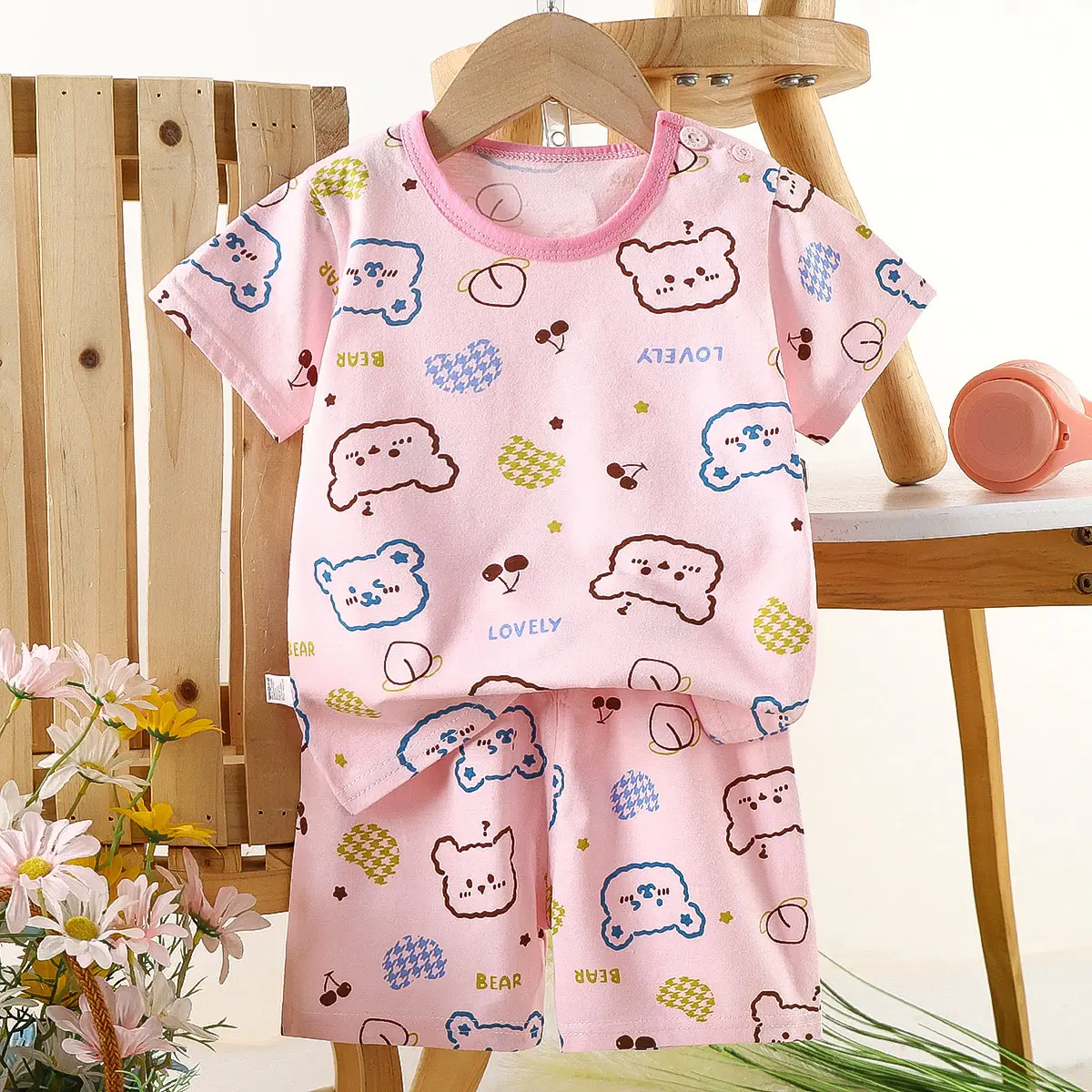 Children's Blue Yellow Cartoon Short Sleeve T-Shirt Suit - Image 4