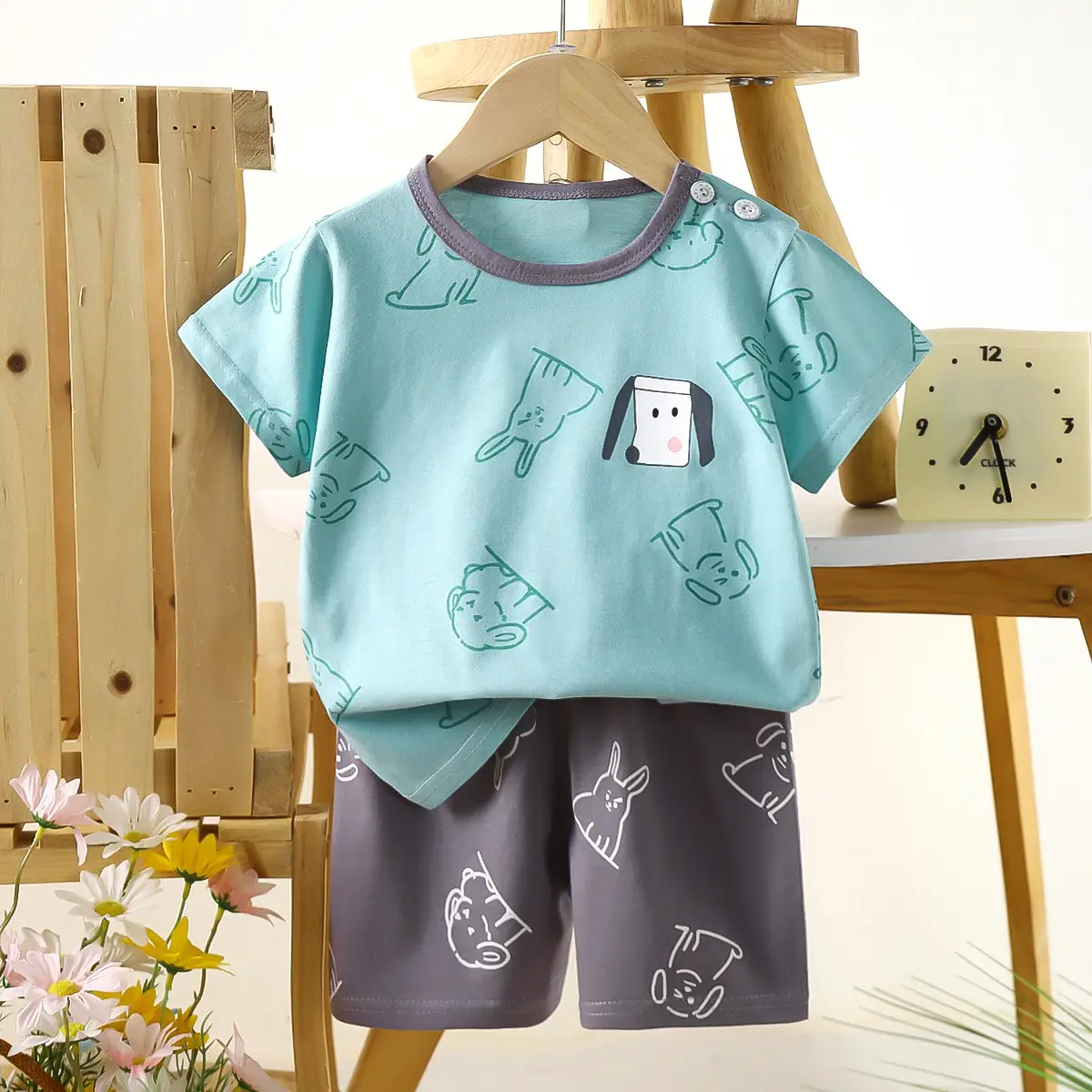 Children's Blue Yellow Cartoon Short Sleeve T-Shirt Suit - Image 5