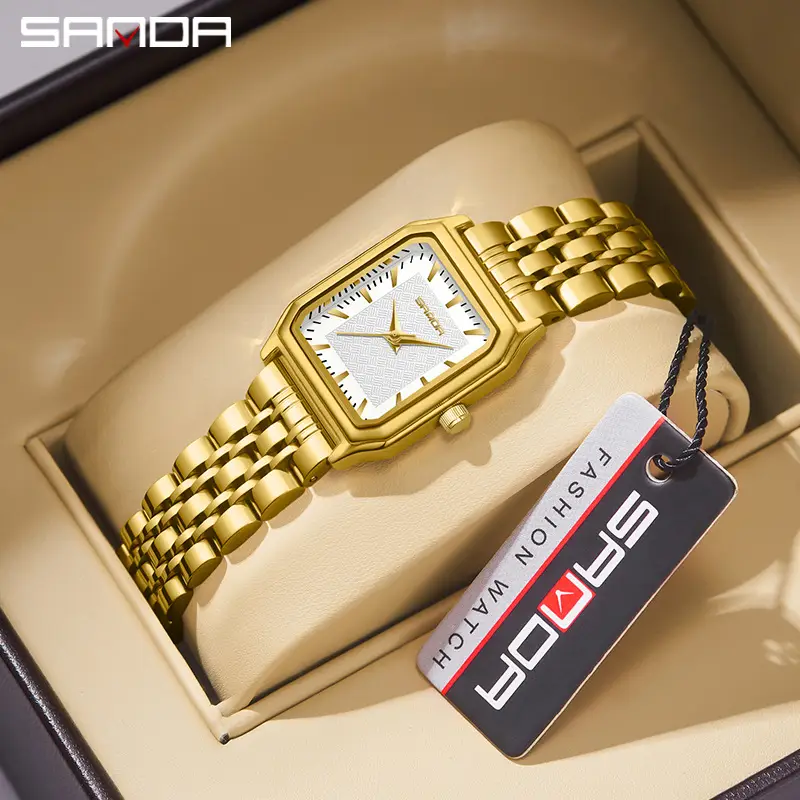 Sanda Women's Gold Square Quartz Watch Brown Leather Strap - Image 24