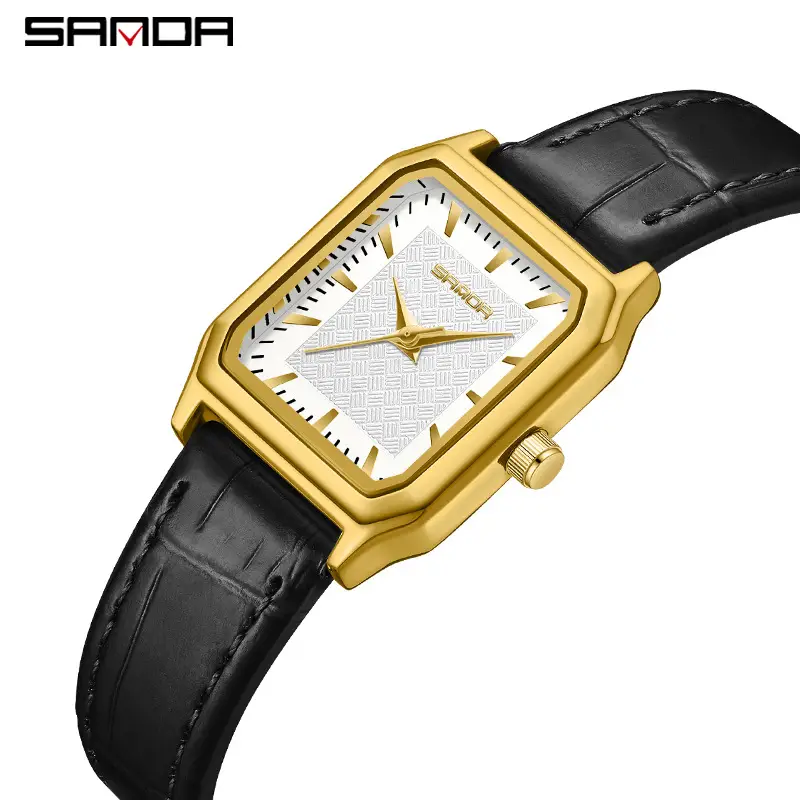 Sanda Women's Gold Square Quartz Watch Brown Leather Strap - Image 27