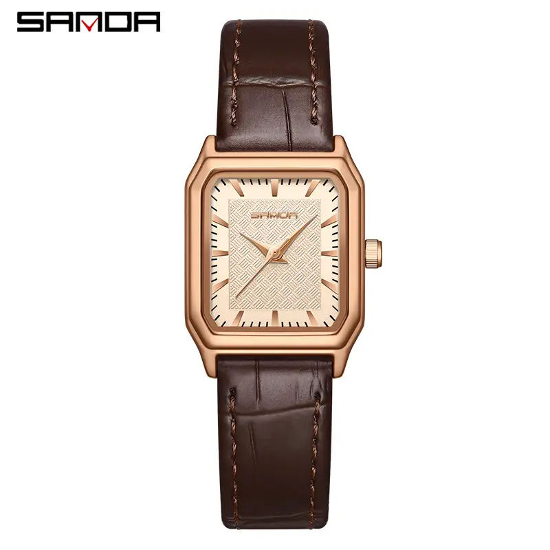 Sanda Women's Gold Square Quartz Watch Brown Leather Strap - Image 4