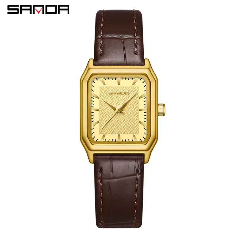Sanda Women's Gold Square Quartz Watch Brown Leather Strap - Image 7