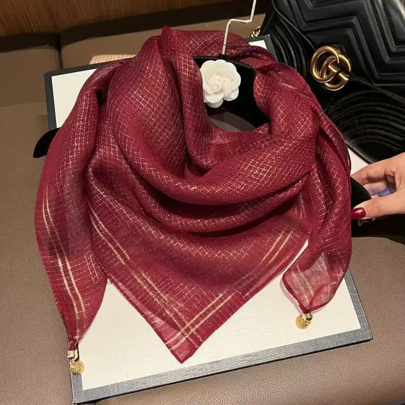 Women Silk Scarf Gold Thread Magnetic Buckle Gauze Spring Fall - Image 9