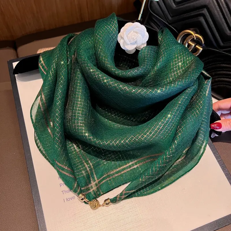 Women Silk Scarf Gold Thread Magnetic Buckle Gauze Spring Fall - Image 10