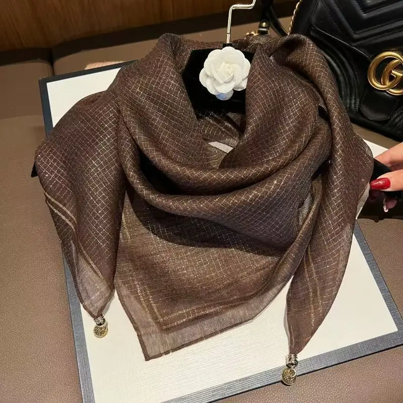 Women Silk Scarf Gold Thread Magnetic Buckle Gauze Spring Fall — feature 4