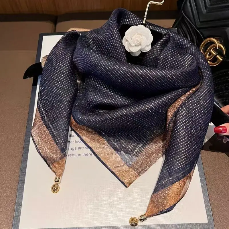 Women Silk Scarf Gold Thread Magnetic Buckle Gauze Spring Fall — feature 7