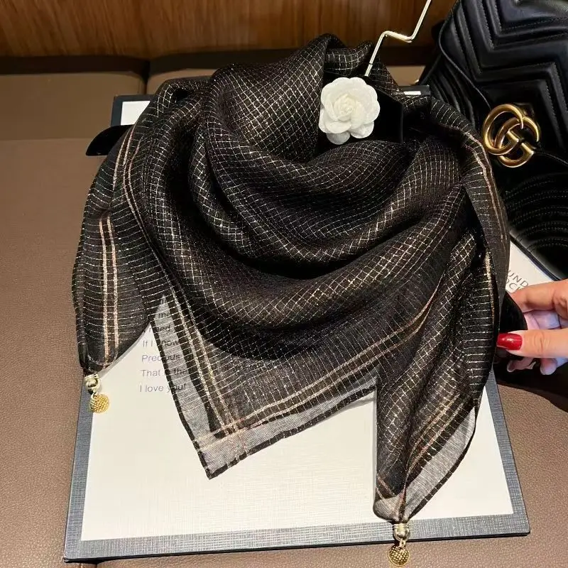Women Silk Scarf Gold Thread Magnetic Buckle Gauze Spring Fall - Image 3