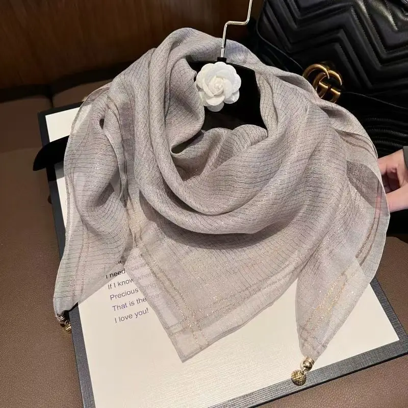 Women Silk Scarf Gold Thread Magnetic Buckle Gauze Spring Fall - Image 5