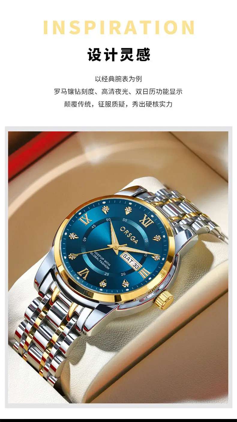 ORSGA Men's Gold Blue Dial Quartz Watch with Cross Strap — feature 5