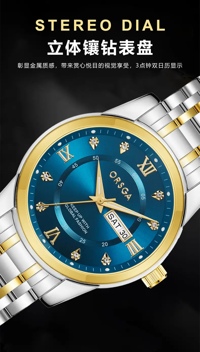 ORSGA Men's Gold Blue Dial Quartz Watch with Cross Strap — feature 6