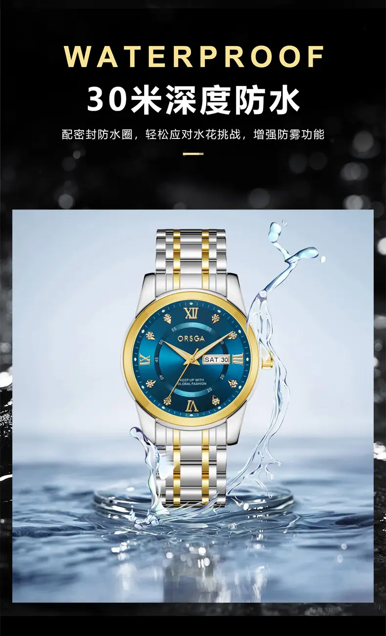 ORSGA Men's Gold Blue Dial Quartz Watch with Cross Strap — feature 7