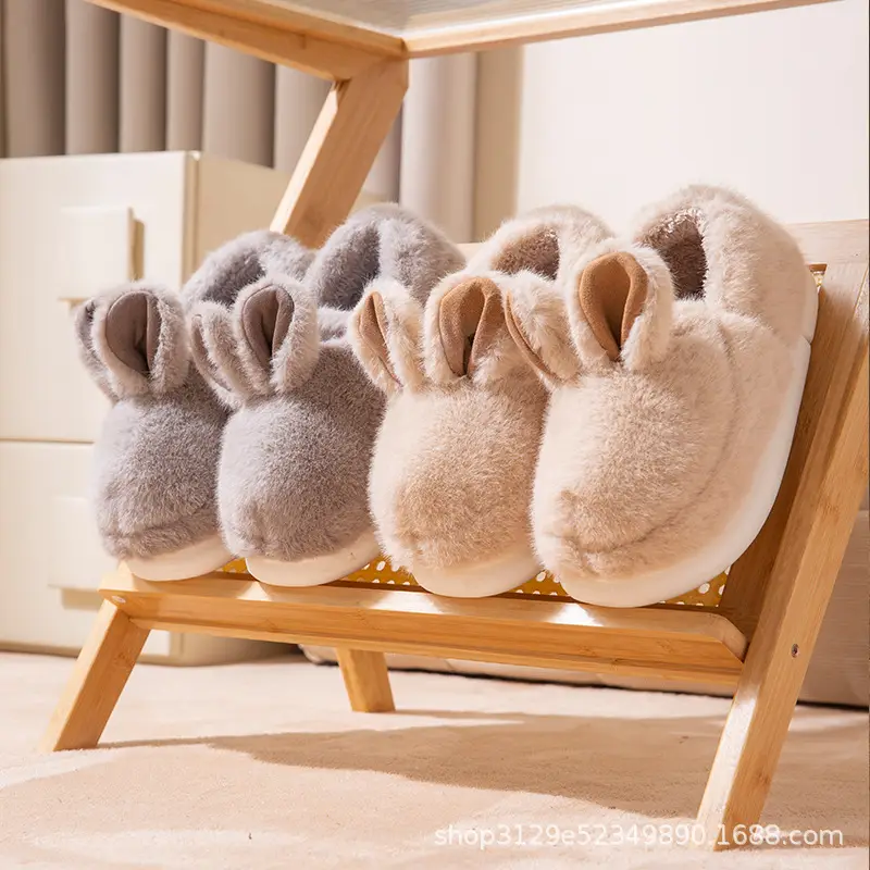 Winter thick-soled cotton slippers women's plush cute rabbit indoor home warm cute cotton shoes bag heel women's winter