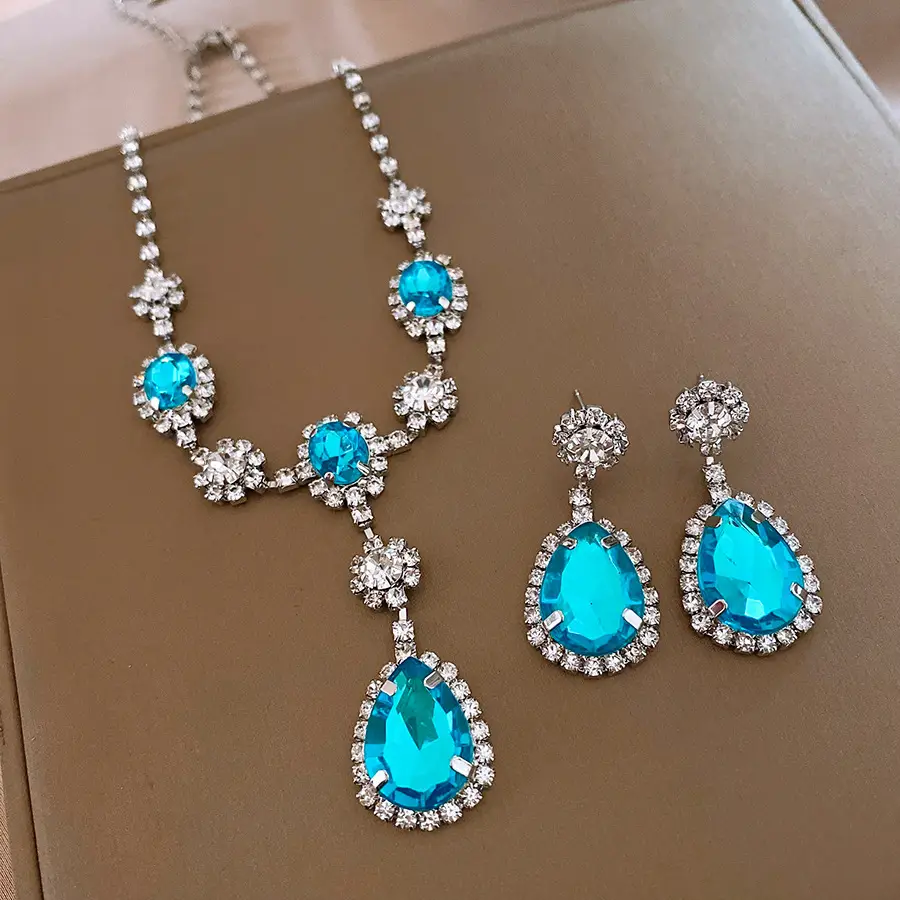 Blue Drop Earrings Necklace Set for Women