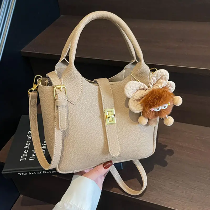Women's White Leather Bucket Bag with Cute Pom Pom Charm - Image 8