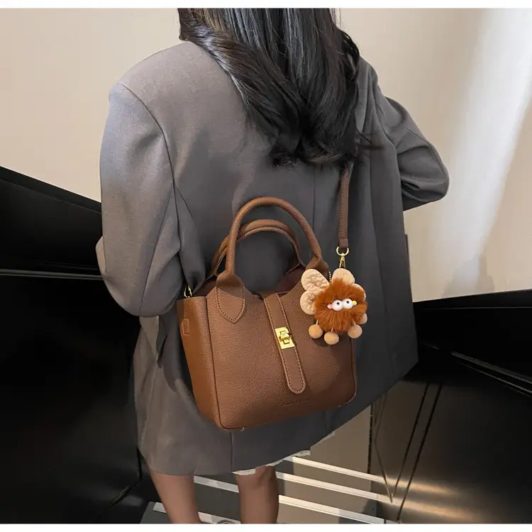 Women's White Leather Bucket Bag with Cute Pom Pom Charm — feature 13