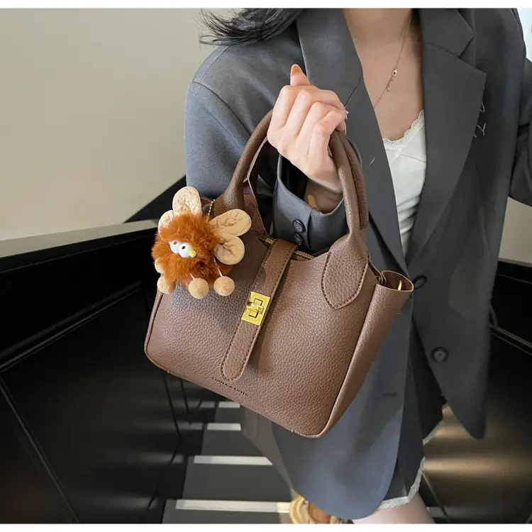 Women's White Leather Bucket Bag with Cute Pom Pom Charm — feature 14