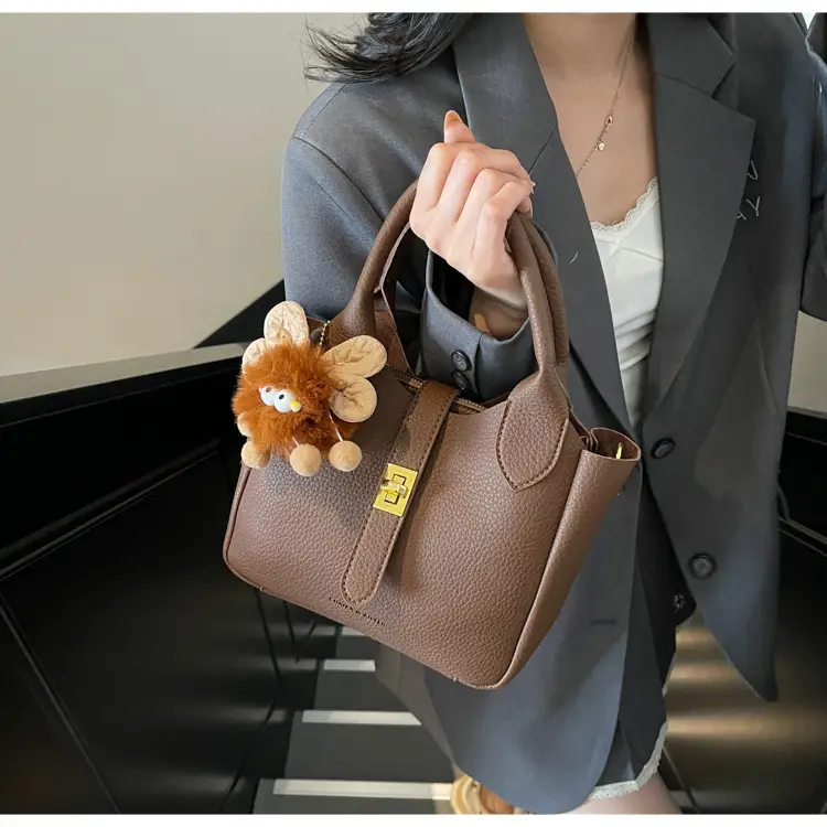 Women's White Leather Bucket Bag with Cute Pom Pom Charm — feature 15