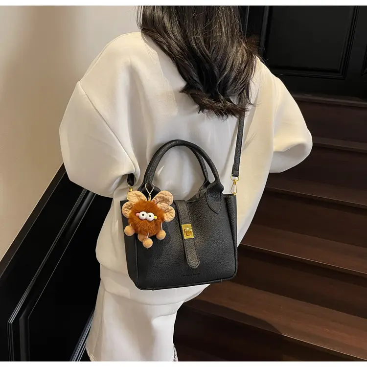 Women's White Leather Bucket Bag with Cute Pom Pom Charm — feature 16