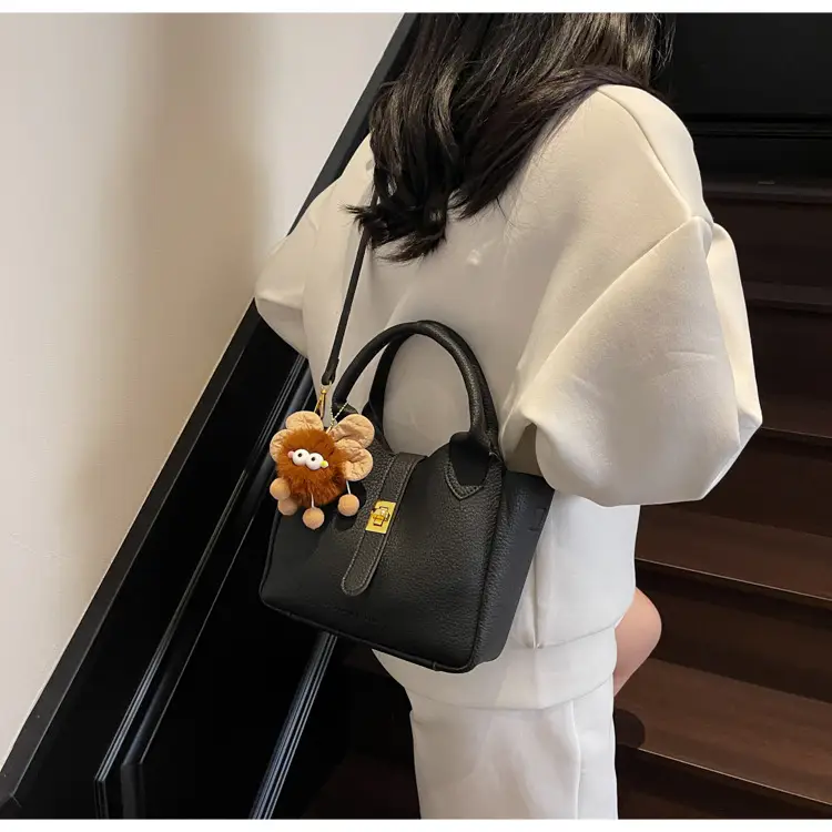 Women's White Leather Bucket Bag with Cute Pom Pom Charm — feature 18