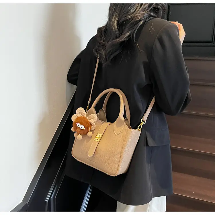 Women's White Leather Bucket Bag with Cute Pom Pom Charm — feature 19