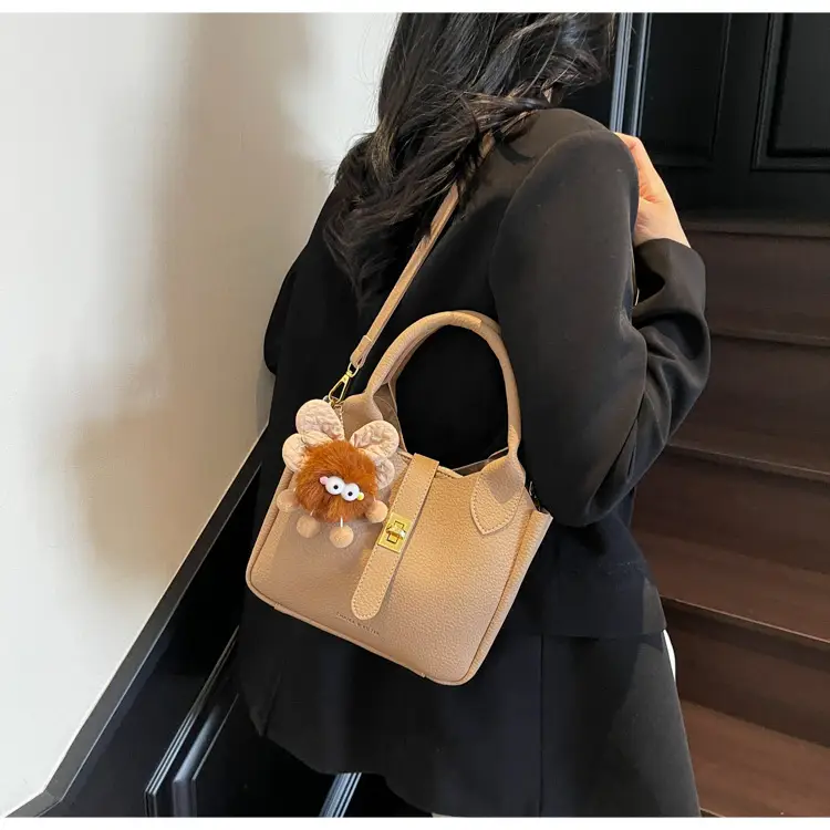 Women's White Leather Bucket Bag with Cute Pom Pom Charm — feature 20