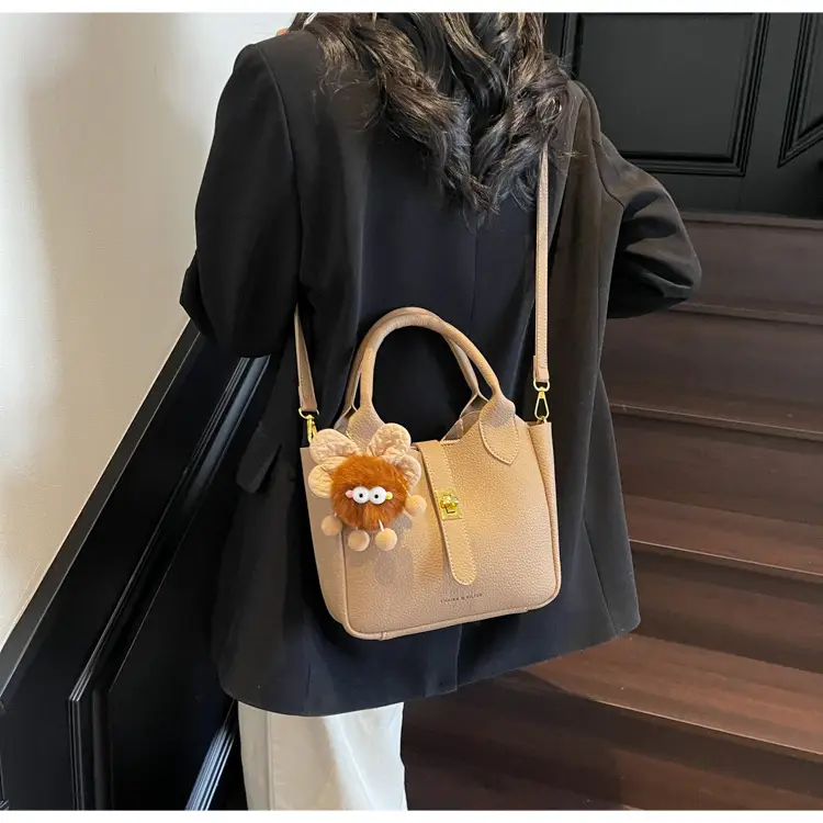 Women's White Leather Bucket Bag with Cute Pom Pom Charm — feature 21