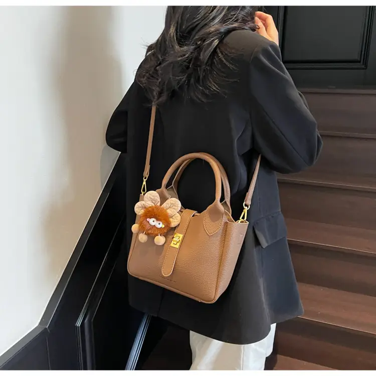 Women's White Leather Bucket Bag with Cute Pom Pom Charm — feature 22