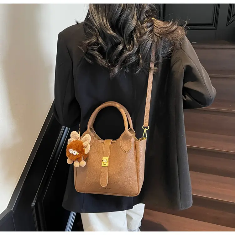 Women's White Leather Bucket Bag with Cute Pom Pom Charm — feature 23
