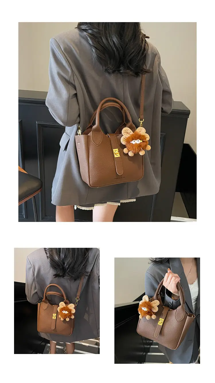 Women's White Leather Bucket Bag with Cute Pom Pom Charm — feature 26