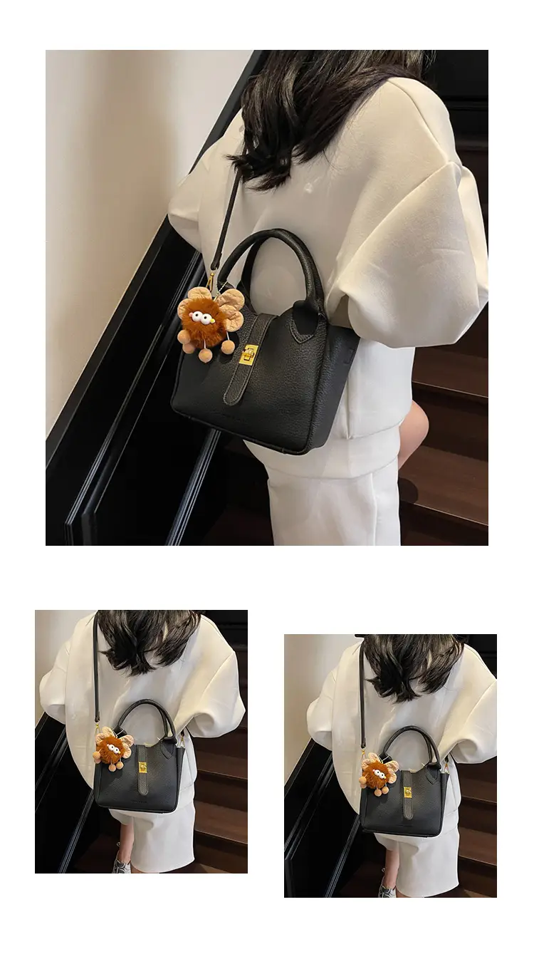 Women's White Leather Bucket Bag with Cute Pom Pom Charm — feature 27