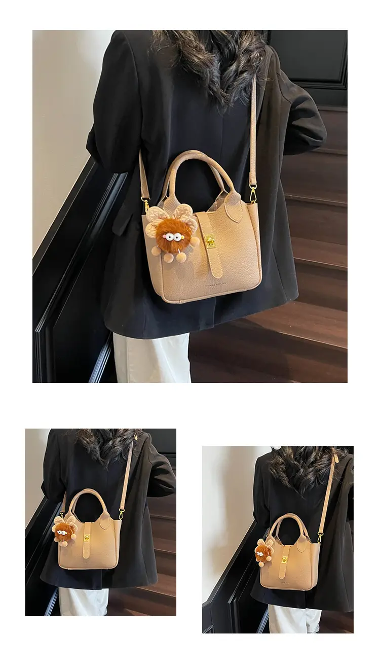 Women's White Leather Bucket Bag with Cute Pom Pom Charm — feature 28
