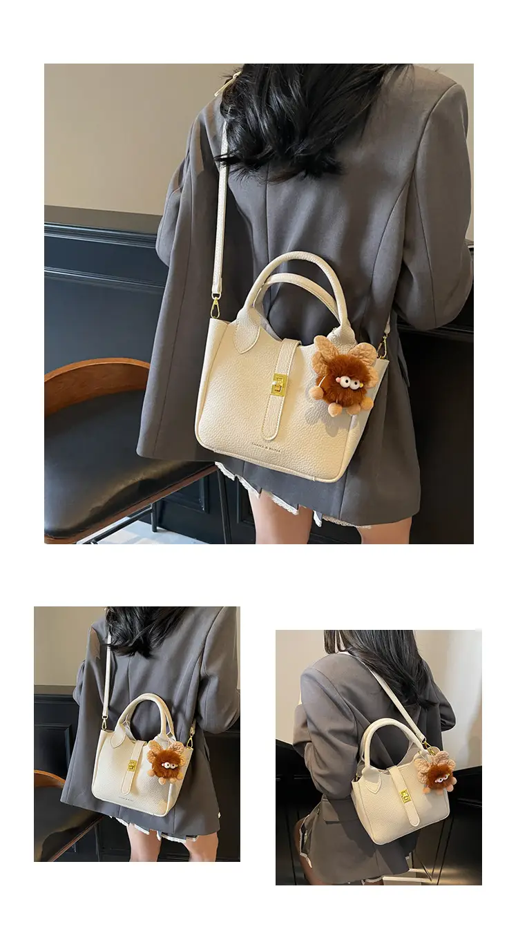Women's White Leather Bucket Bag with Cute Pom Pom Charm — feature 29
