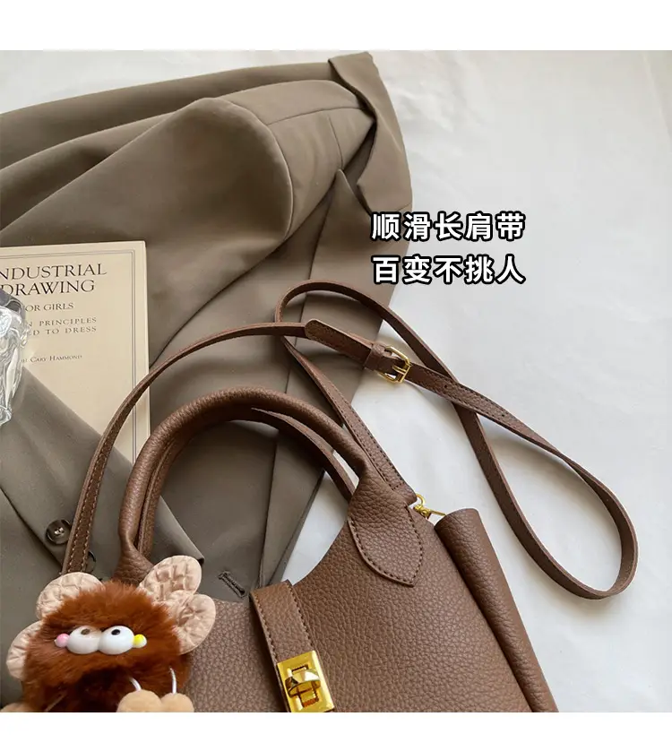 Women's White Leather Bucket Bag with Cute Pom Pom Charm — feature 3