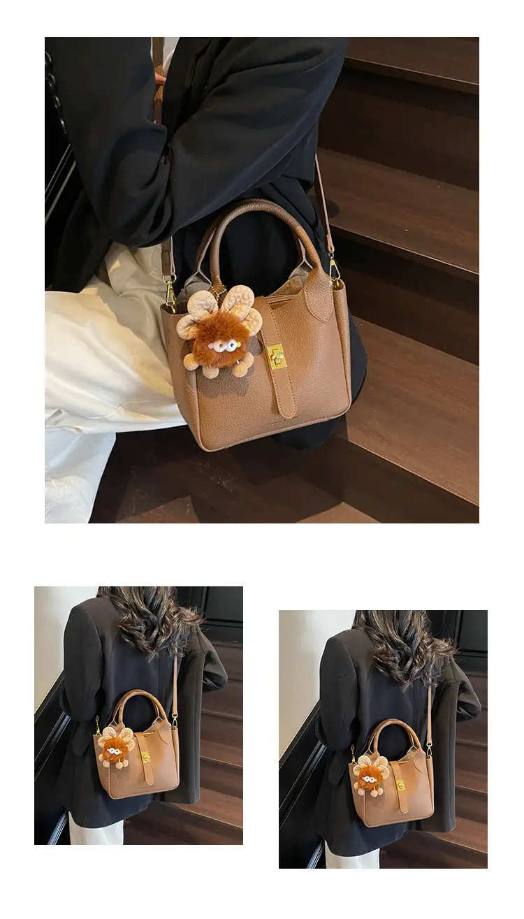 Women's White Leather Bucket Bag with Cute Pom Pom Charm — feature 30