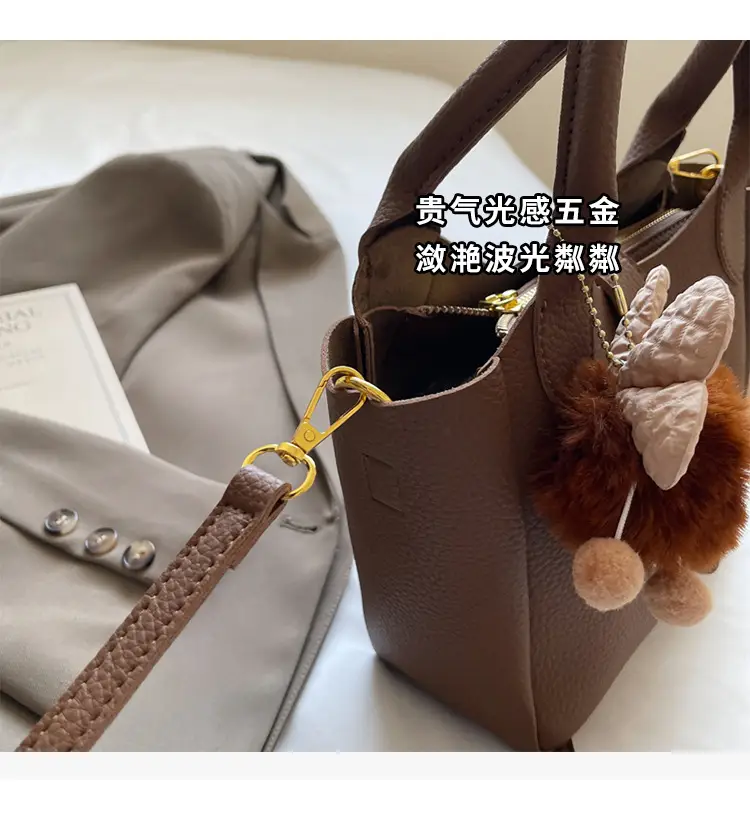 Women's White Leather Bucket Bag with Cute Pom Pom Charm — feature 4