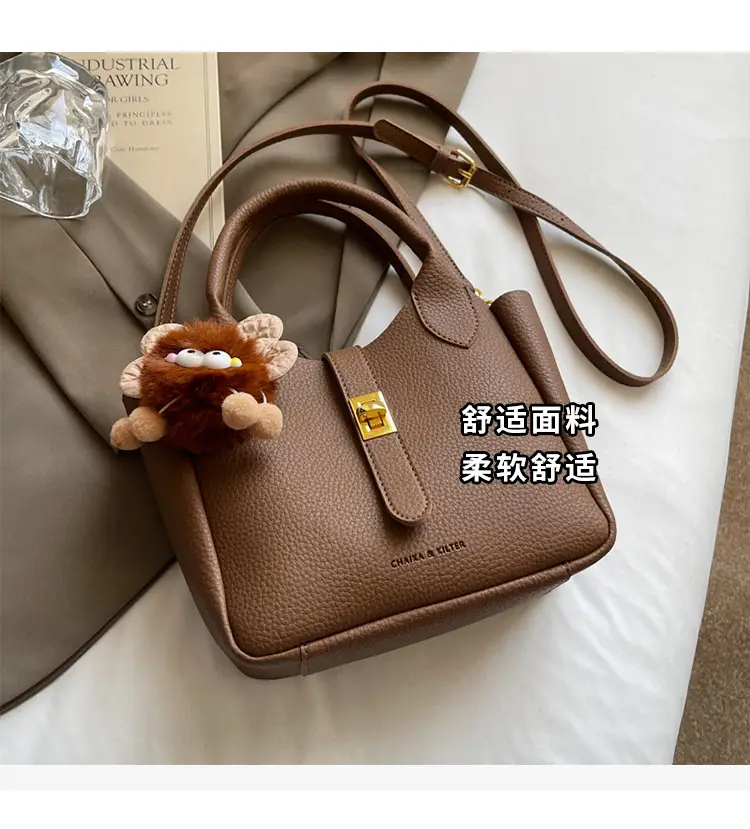 Women's White Leather Bucket Bag with Cute Pom Pom Charm — feature 6