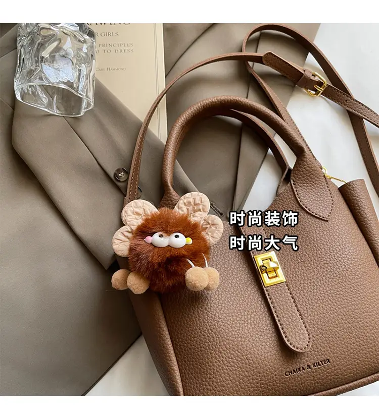 Women's White Leather Bucket Bag with Cute Pom Pom Charm — feature 7