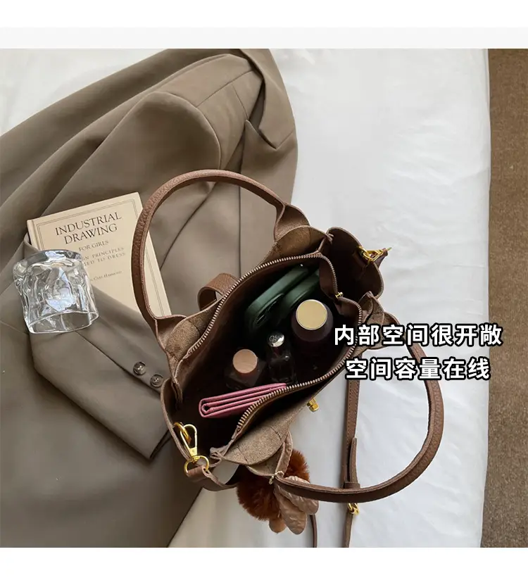 Women's White Leather Bucket Bag with Cute Pom Pom Charm — feature 8