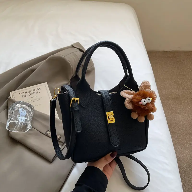 Women's White Leather Bucket Bag with Cute Pom Pom Charm - Image 3