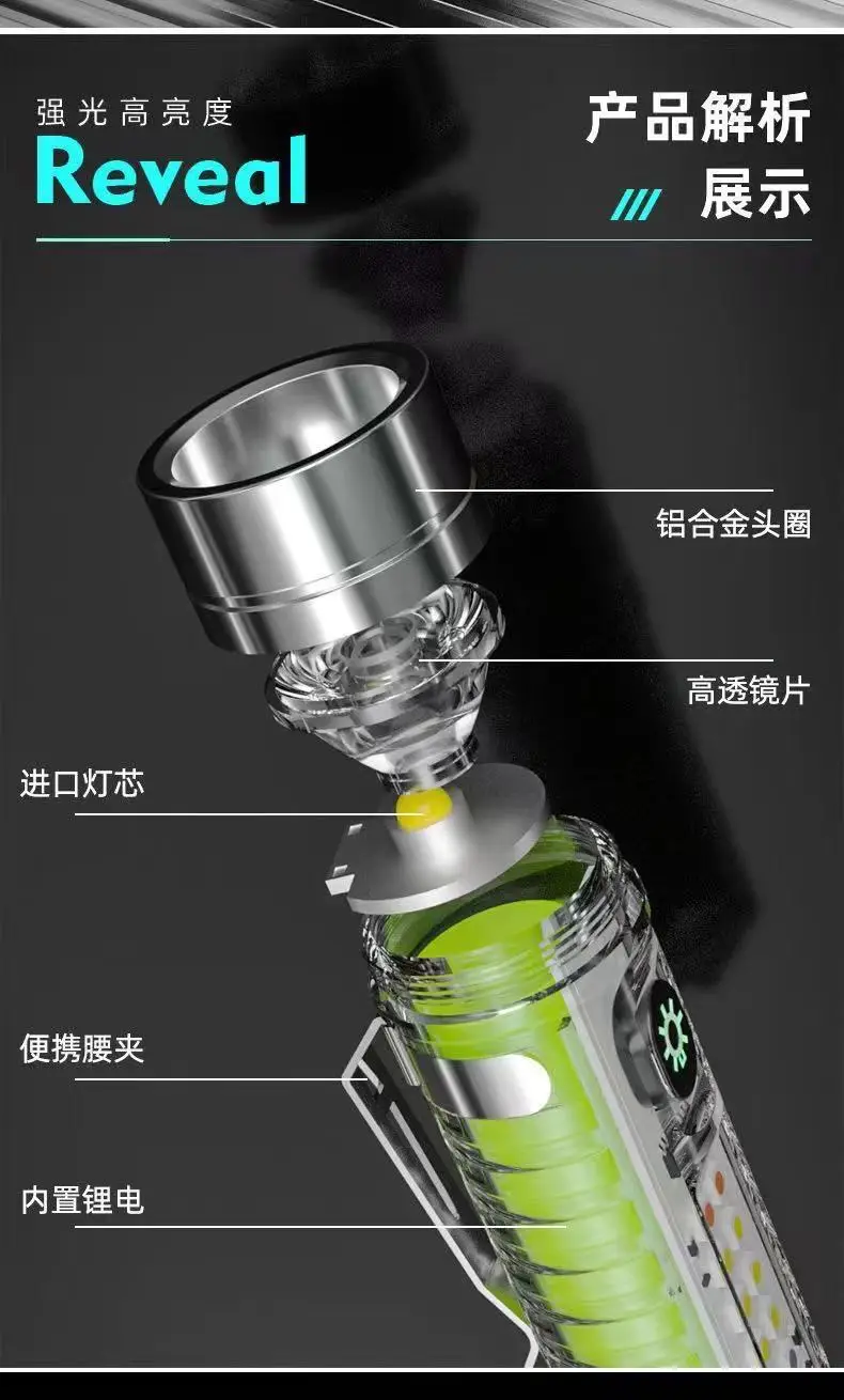 TypeC Rechargeable LED Flashlight Green White Long Shot Zoom — feature 5