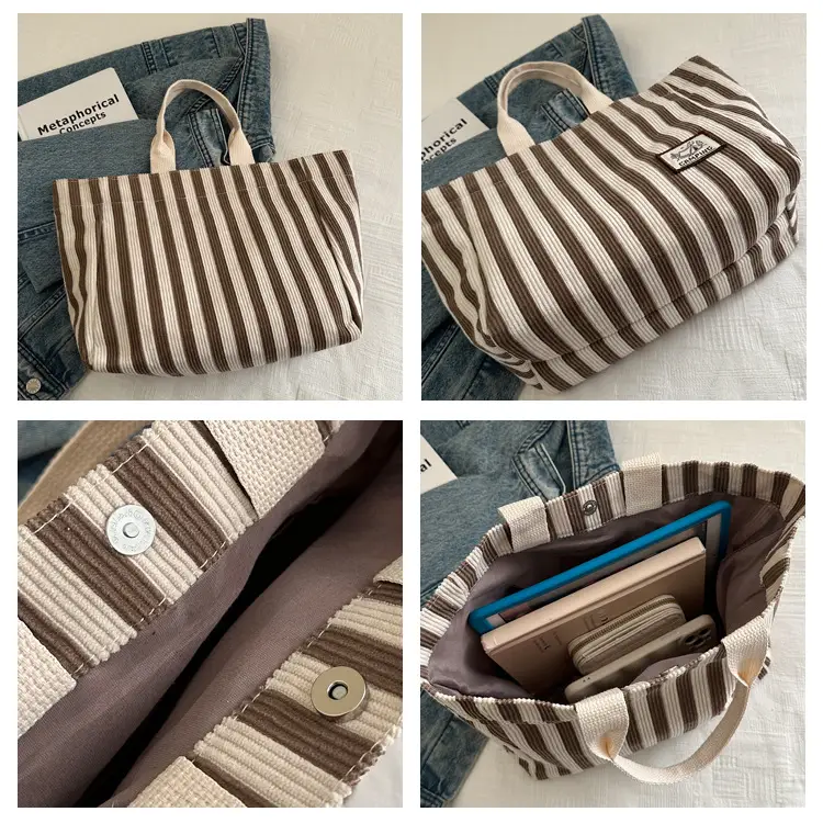 Women's Striped Canvas Tote Bag 2025 Commuter Ins — feature 7