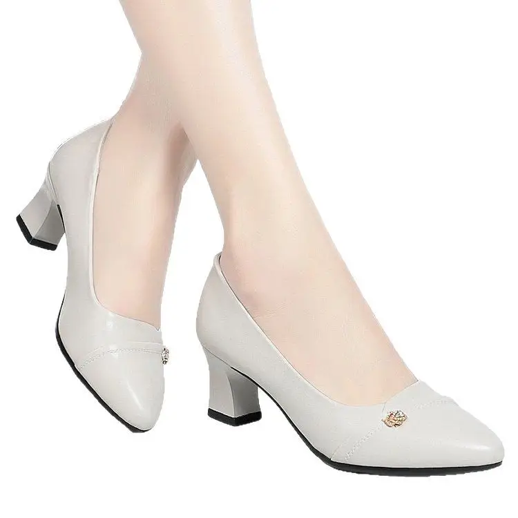 Spring 2025 New High Heels Single Shoes Women's Small Leather Shoes Mother's Shoes Mid-heel All-match Elegant Shallow Mouth Single Shoes Women's Shoes