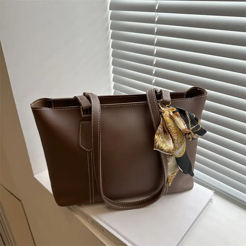 Brown Leather Tote Bag with Silk Bow Accord - Image 5