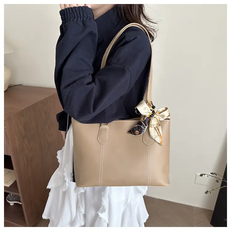Brown Leather Tote Bag with Silk Bow Accord — feature 16