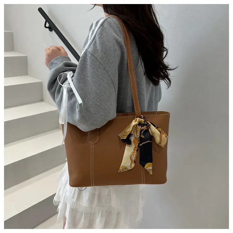 Brown Leather Tote Bag with Silk Bow Accord — feature 18