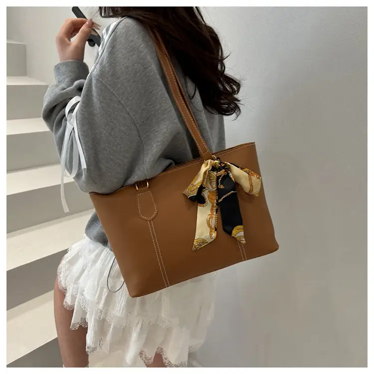 Brown Leather Tote Bag with Silk Bow Accord — feature 19